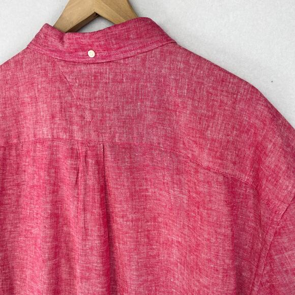 TOMMY HILFIGER Shirt Mens 2XL Cotton Linen Chambray Button Up Short Sleeve Pink - Picture 8 of 14